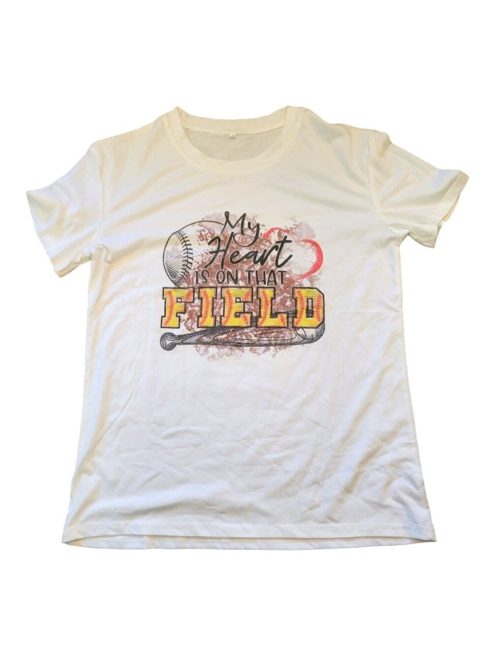 Baseball Mom T-shirt My Heart is On the Field White Graphic Tee Size XL Jj3401